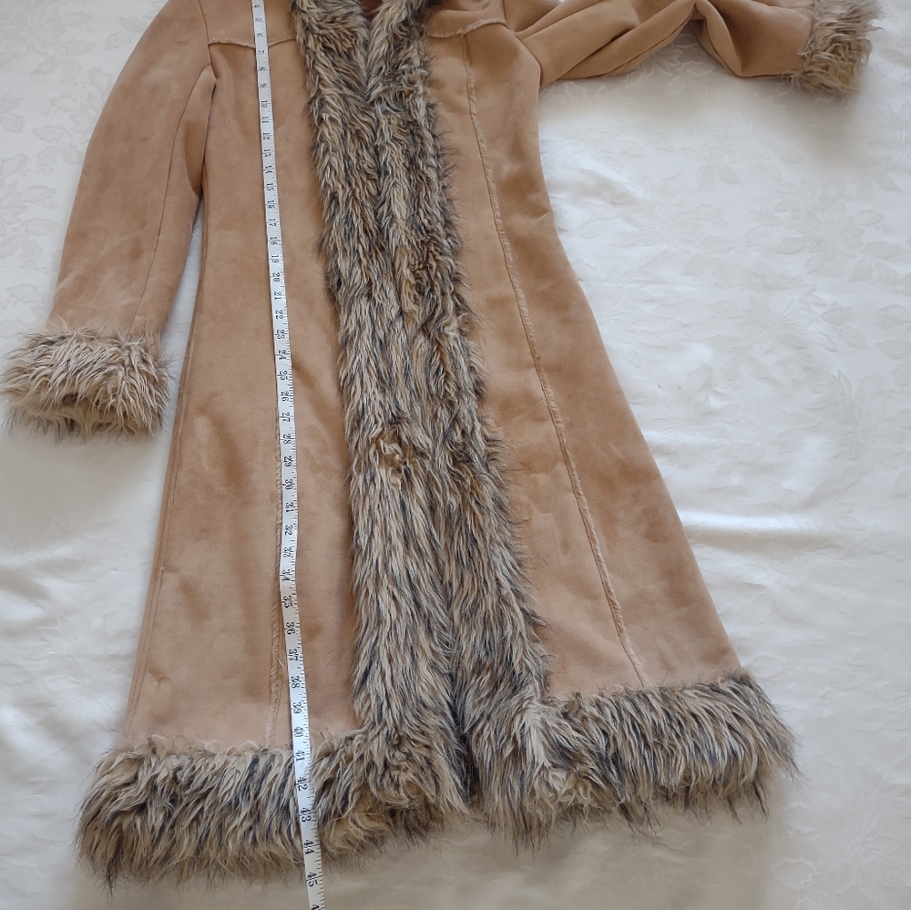 Penny Lane long coat faux fur trim faux shearling Faux Suede Hooded Vintage - Picture 4 of 13